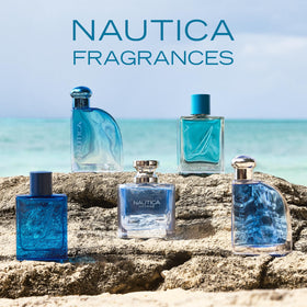 Nautica Pure Blue travel-size bottle shown for on-the-go use
