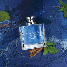 Nautica Voyage N-83 scent notes closeup, aqua space accord with sandalwood inspiration.