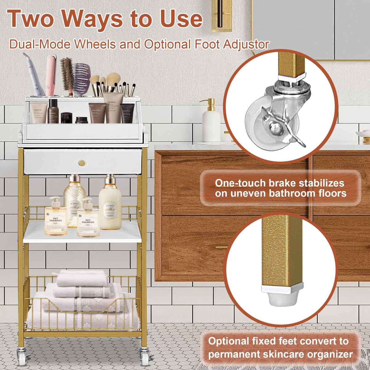 NauwaBarn 15-inch wide cart fits jumbo bottles and mirrors side by side.