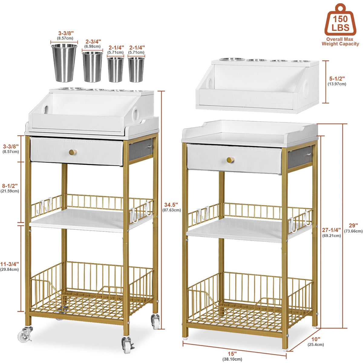 NauwaBarn gold finish rolling cart adds luxe storage for cosmetics.
