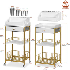 NauwaBarn gold finish rolling cart adds luxe storage for cosmetics.