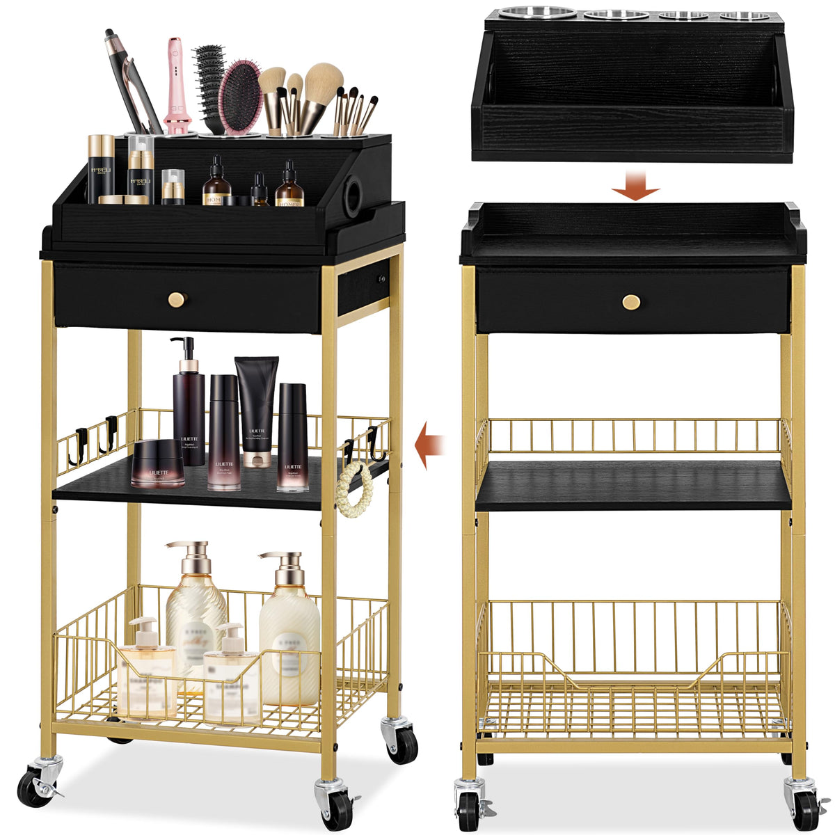 NauwaBarn large makeup organizer cart with hair tool holder keeps tools within easy reach