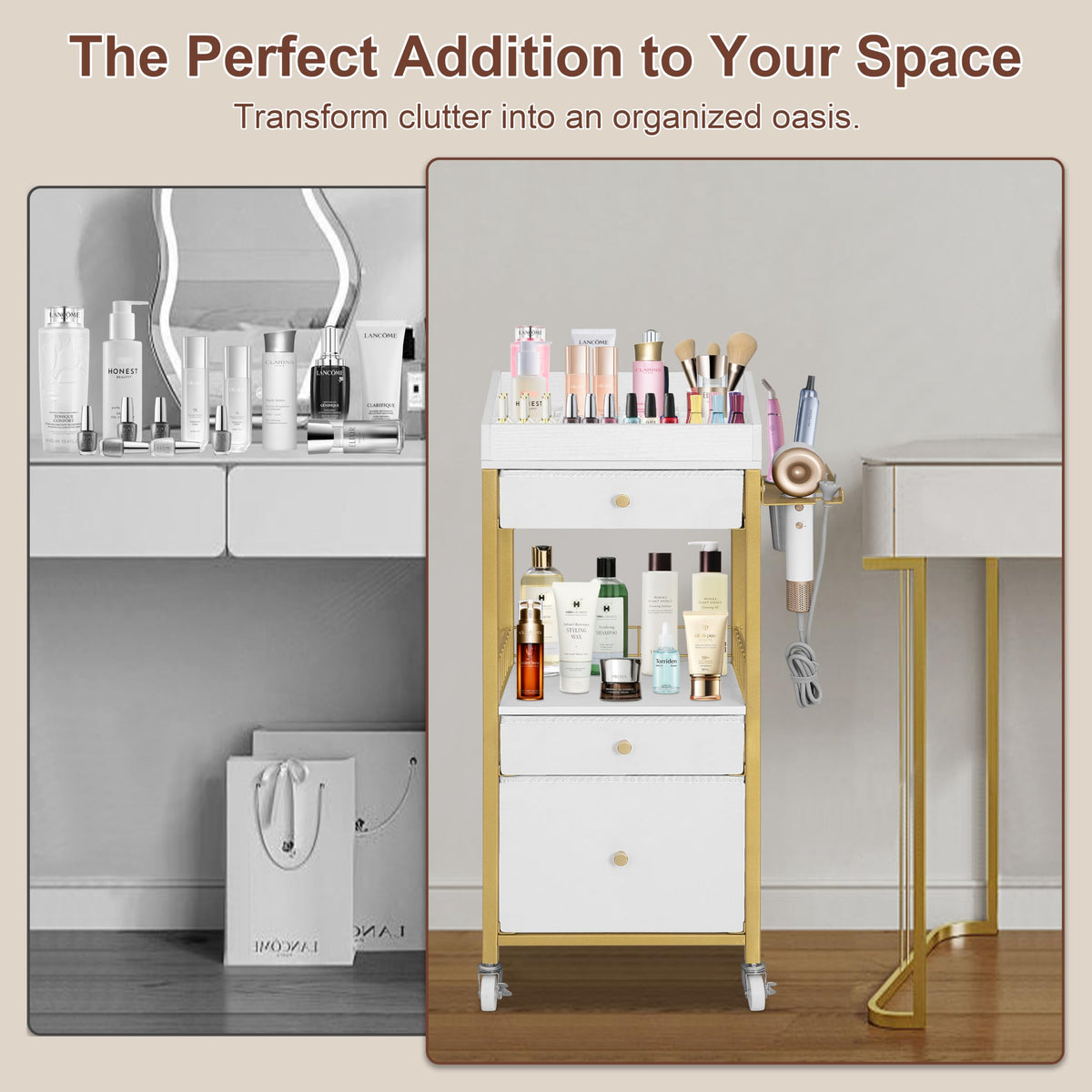 NauwaBarn makeup organizer cart removable hair tool holder keeps styling tools handy.
