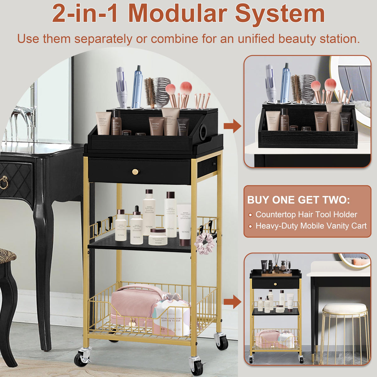 NauwaBarn rolling makeup cart with drawer improves organization and mobility on any surface