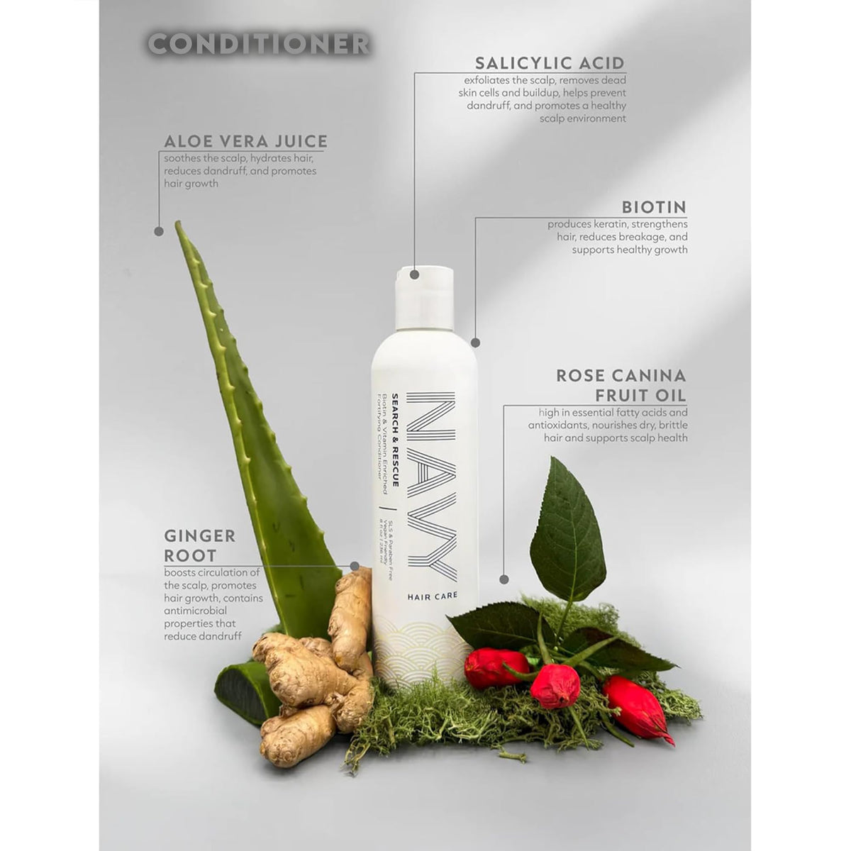 NAVY Hair Care Search and Rescue conditioner application close-up for nourishing detangler.