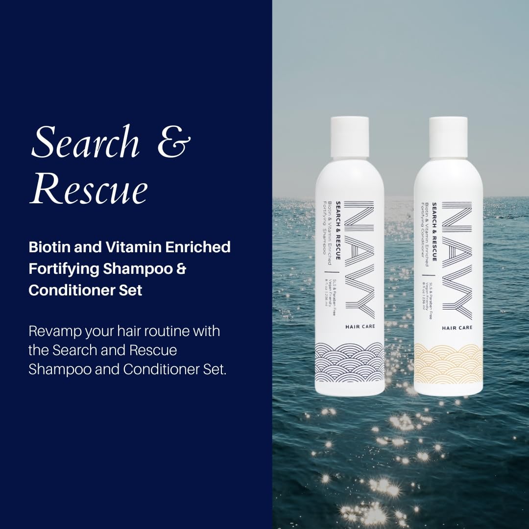 NAVY Hair Care Search and Rescue conditioner bottle promotes smoother, fuller-looking hair.