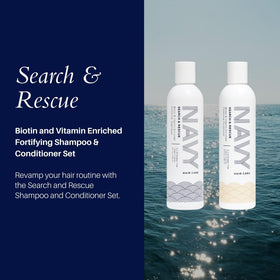 NAVY Hair Care Search and Rescue conditioner bottle promotes smoother, fuller-looking hair.