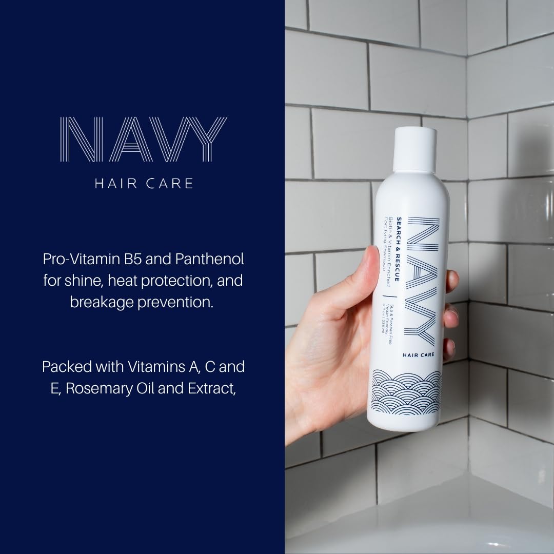 NAVY HAIR CARE Search and Rescue Shampoo applied to wet hair for daily use