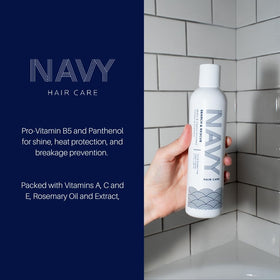 NAVY HAIR CARE Search and Rescue Shampoo applied to wet hair for daily use