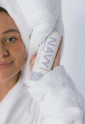 NAVY HAIR CARE ingredient panel shows panthenol and vitamins A C E