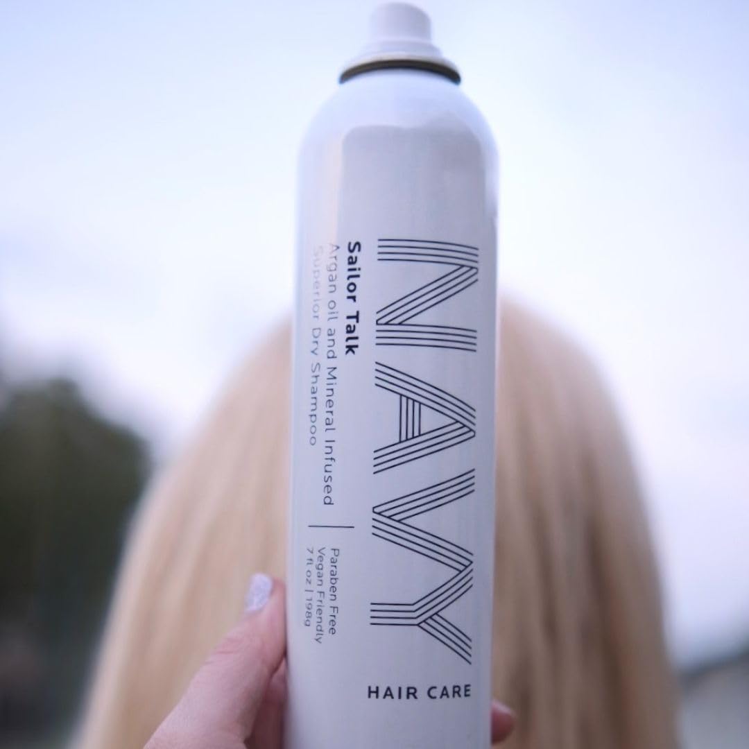 Navy Hair Care Sailor Talk formula with argan oil nourishes hair and scalp.