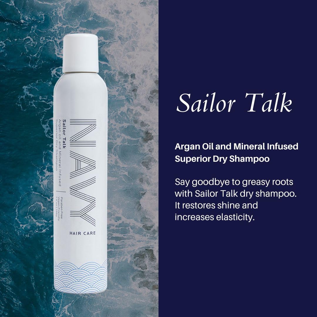 Navy Hair Care Sailor Talk spray action on dry hair for quick refresh.