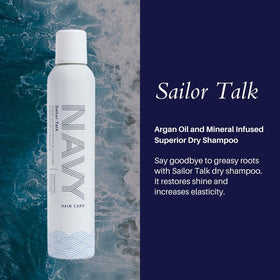 Navy Hair Care Sailor Talk spray action on dry hair for quick refresh.