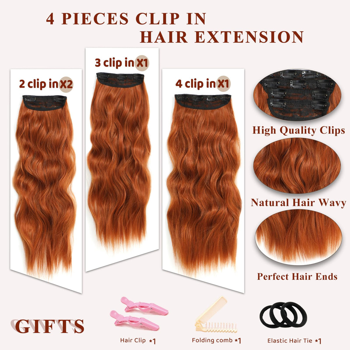 NAYOO 4-piece clip-in set in copper red for quick natural fullness.