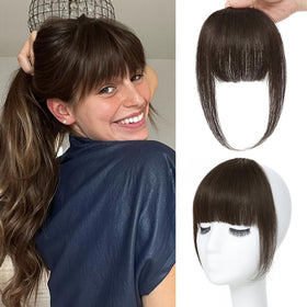 NAYOO clip-in bangs in darkest brown wispy fringe with temples for a natural look.