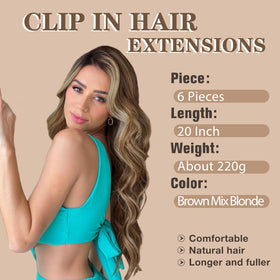NAYOO clip-in extensions 20in wavy curly brown-blonde mix for natural-looking fullness