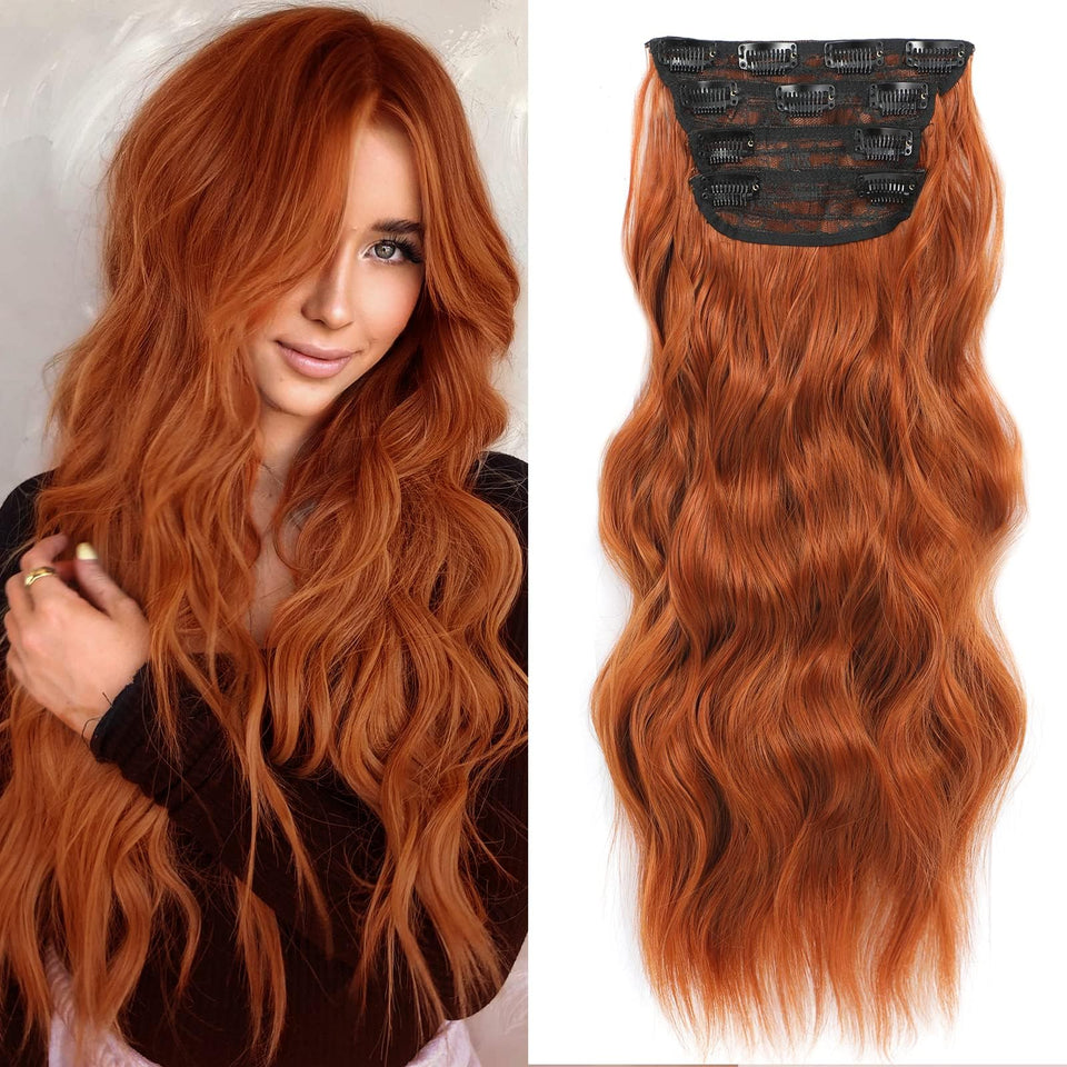 NAYOO clip-in long wavy hair extensions in copper red for instant length.
