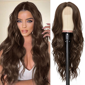 NAYOO long dark brown wavy wig with 26-inch middle part for natural movement.