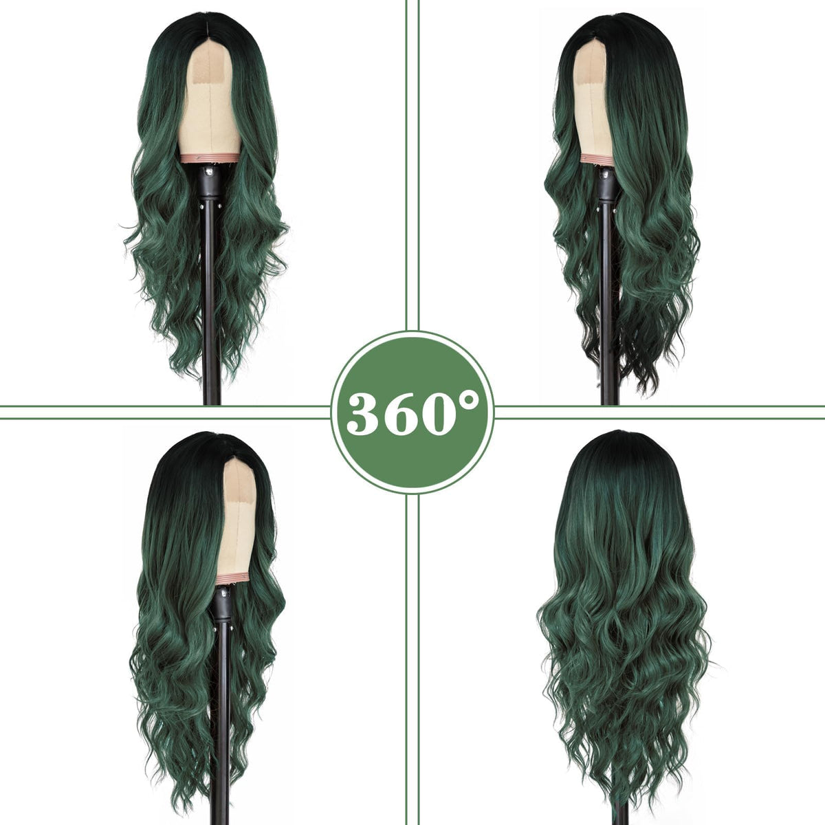 NAYOO Long Ombre Green Wavy Wig back view with full silhouette for evening looks.