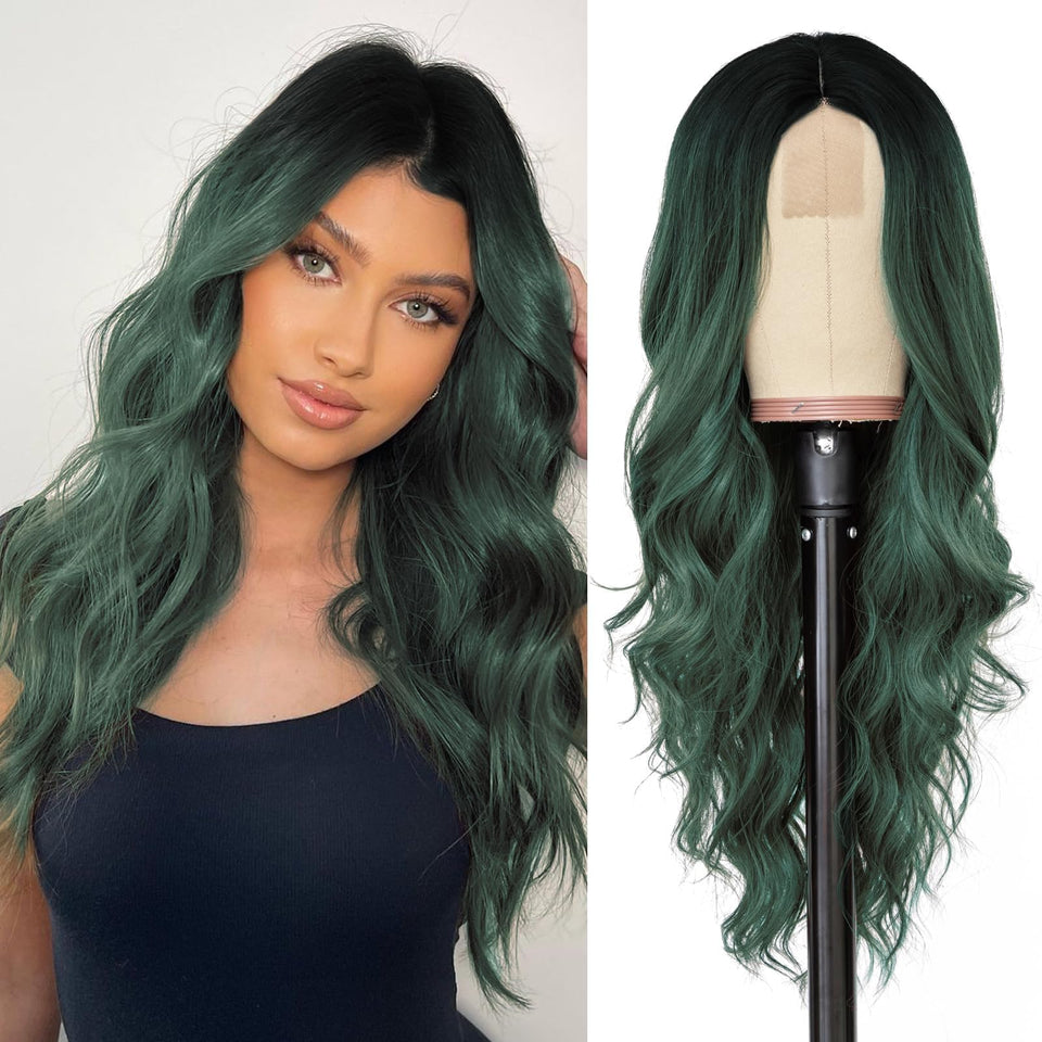 NAYOO Long Ombre Green Wavy Wig front view highlighting natural hairline for daily wear.
