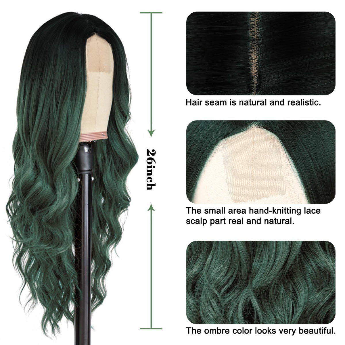 NAYOO Long Ombre Green Wavy Wig hairline closeup showing hand-tied lace for realism.