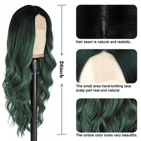 NAYOO Long Ombre Green Wavy Wig hairline closeup showing hand-tied lace for realism.