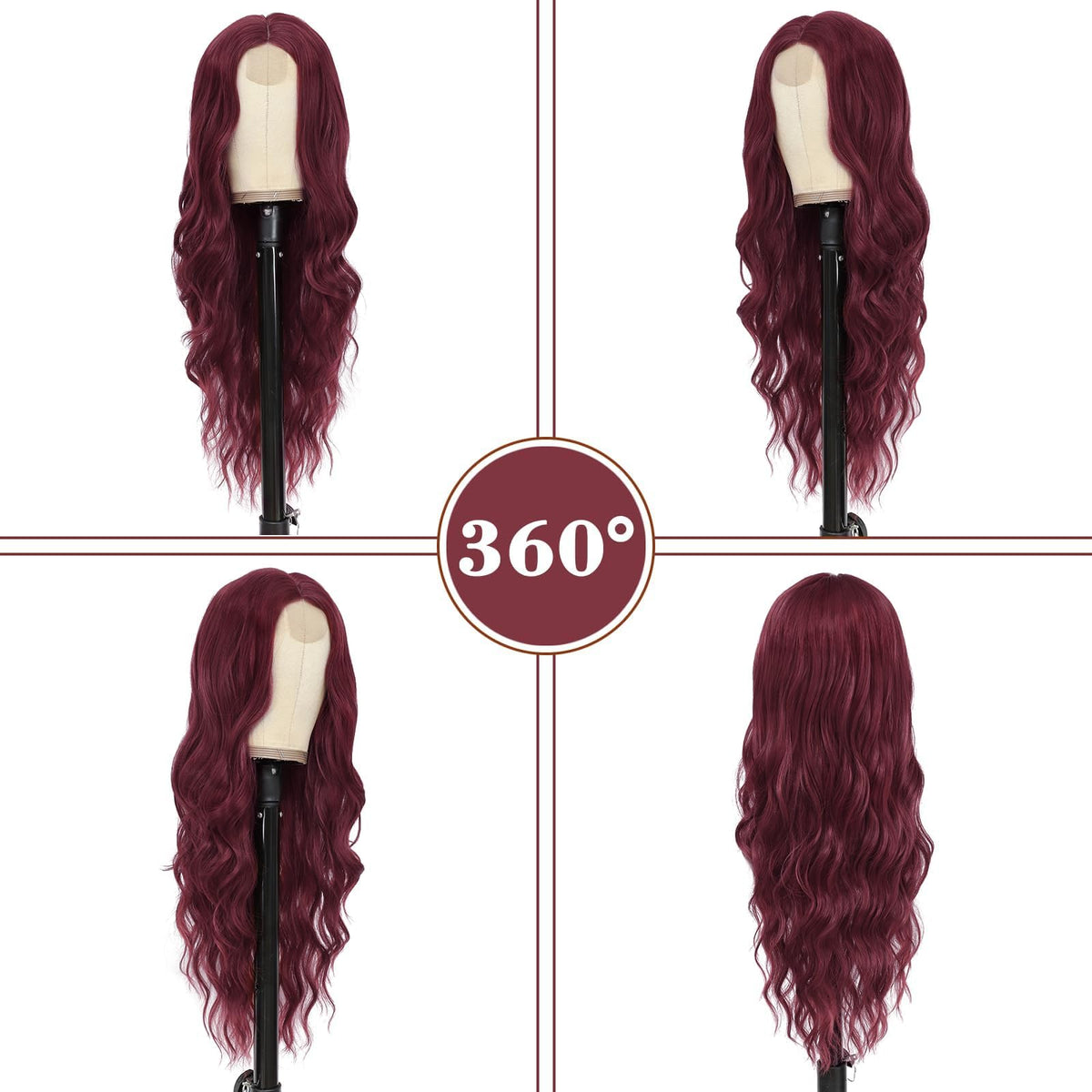 NAYOO wine red long wavy wig back view highlighting fullness and length