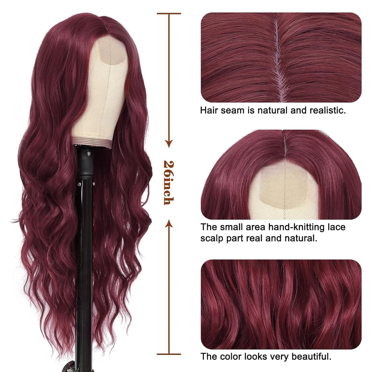 NAYOO wine red long wavy wig adjustable cap and breathable rose net design