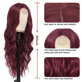 NAYOO wine red long wavy wig adjustable cap and breathable rose net design