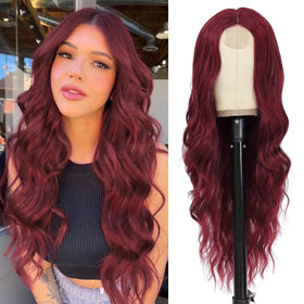 NAYOO wine red long wavy wig front view with natural hairline for daily styling