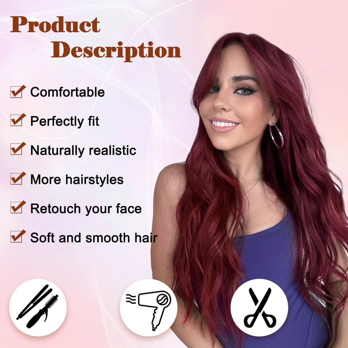 NAYOO wine red long wavy wig side view showing soft texture and heat-friendly fiber