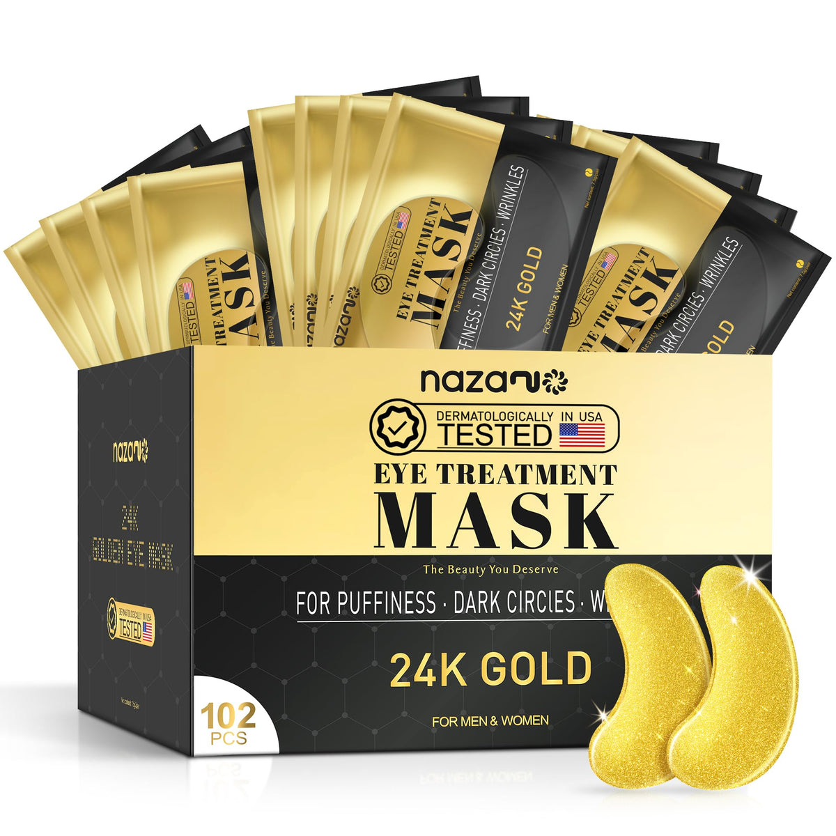 Nazano 24K Gold under-eye patches packaging highlights premium hydration.