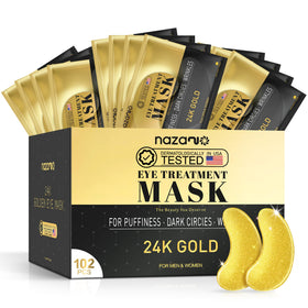 Nazano 24K Gold under-eye patches packaging highlights premium hydration.