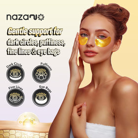 Nazano 24K Gold under-eye patches close-up texture shows soothing, gel-like sheets.