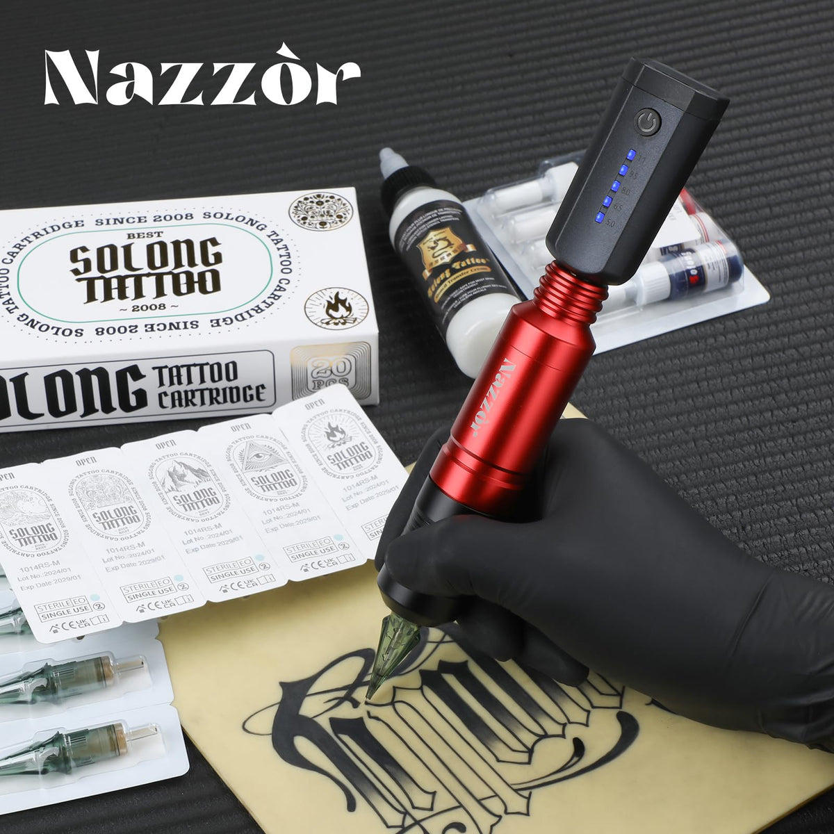 NAZZOR gloves and ink cups keep sessions clean and organized