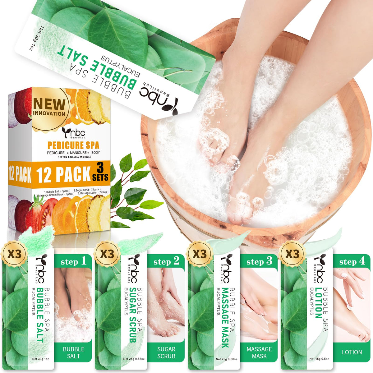 NBC BeautiLab pedicure kit bubble salt hydrates dry feet