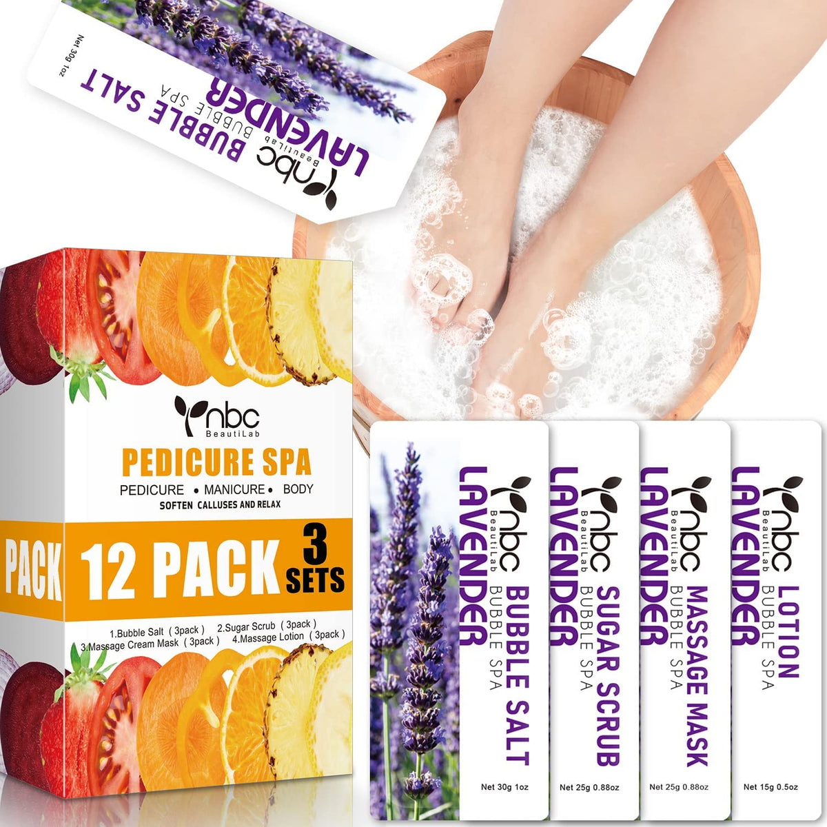 NBC BeautiLab pedicure kit foot soak bubble salt packets for a relaxing at-home spa.