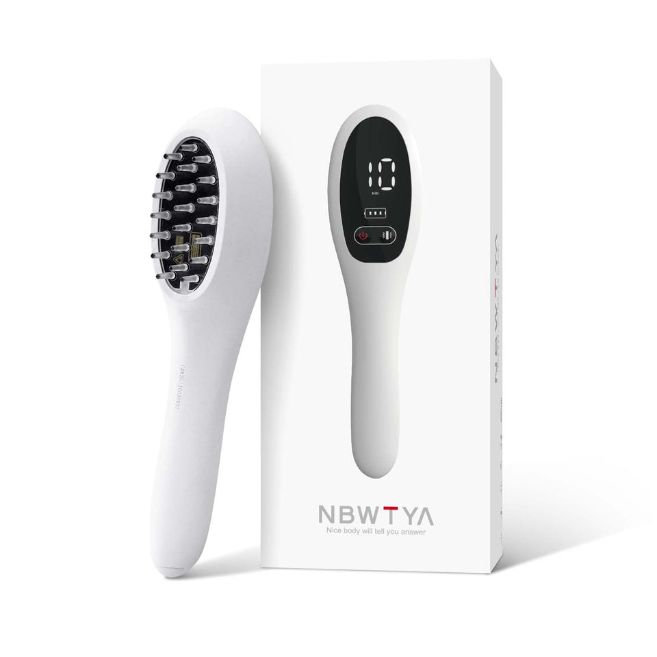 NBWTYA LaserComb front view showing a compact at-home scalp treatment tool