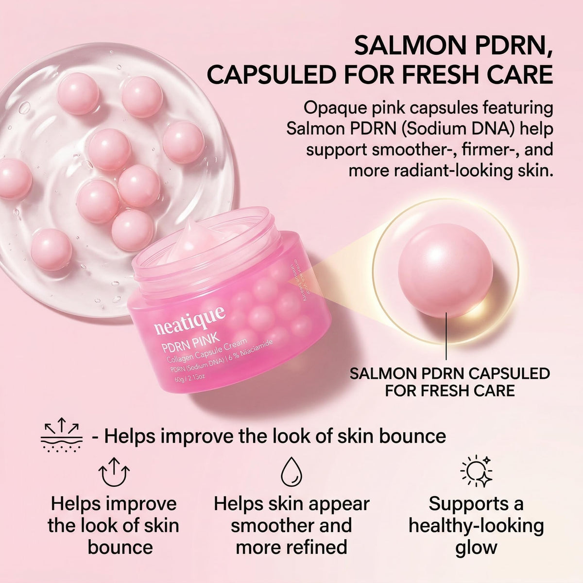 Neatique PDRN Capsule Cream texture shows melting capsules for fresh delivery.