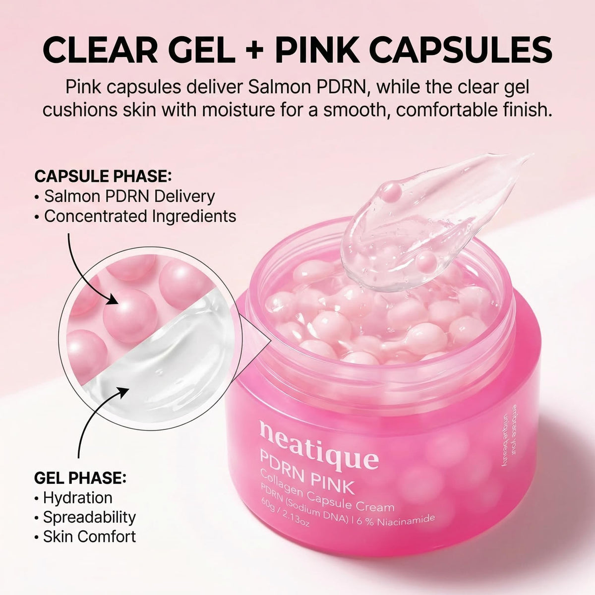 Neatique pink capsule visuals suggest luxury feel and spa-like application.