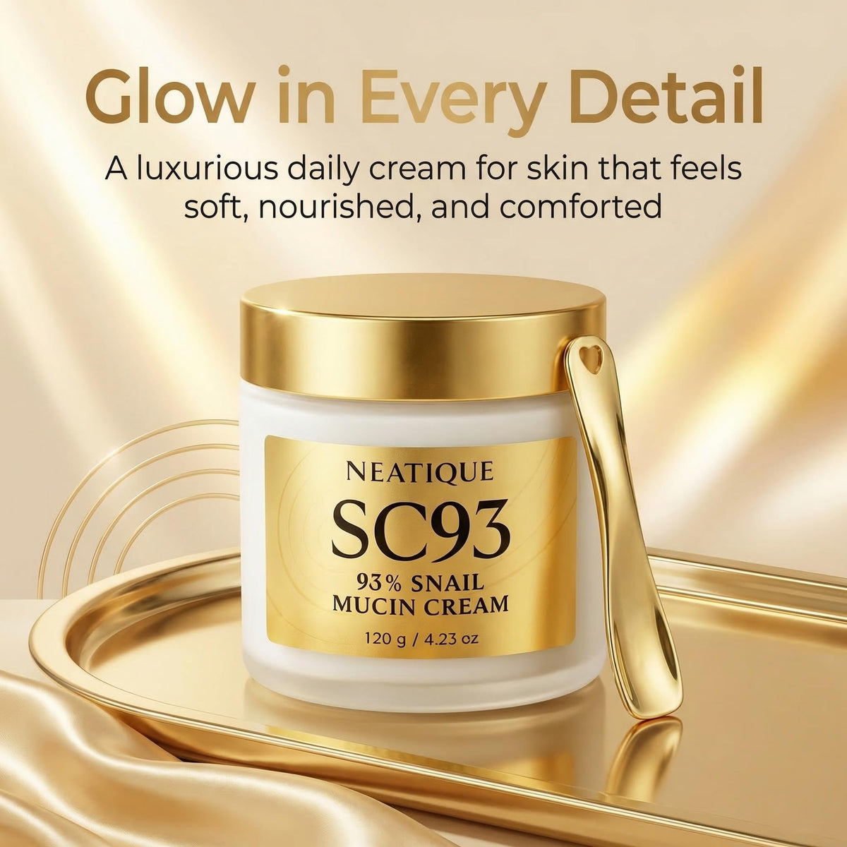 Jar closeup reveals rich, creamy texture of Neatique cream