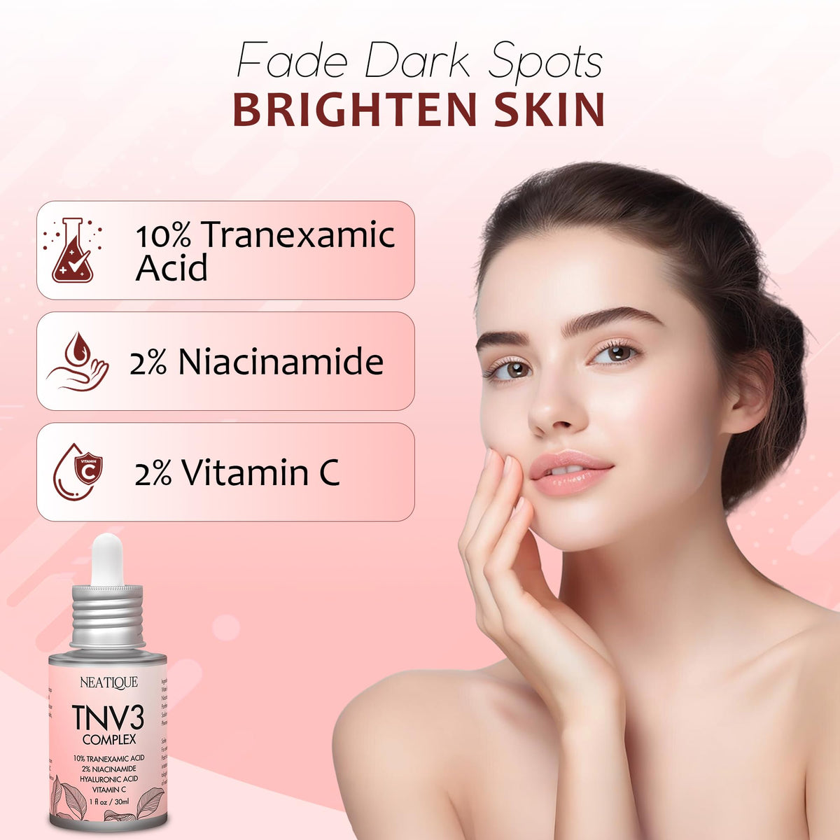 Neatique TNV3 Complex Serum pump bottle highlighting easy application and quick absorption.