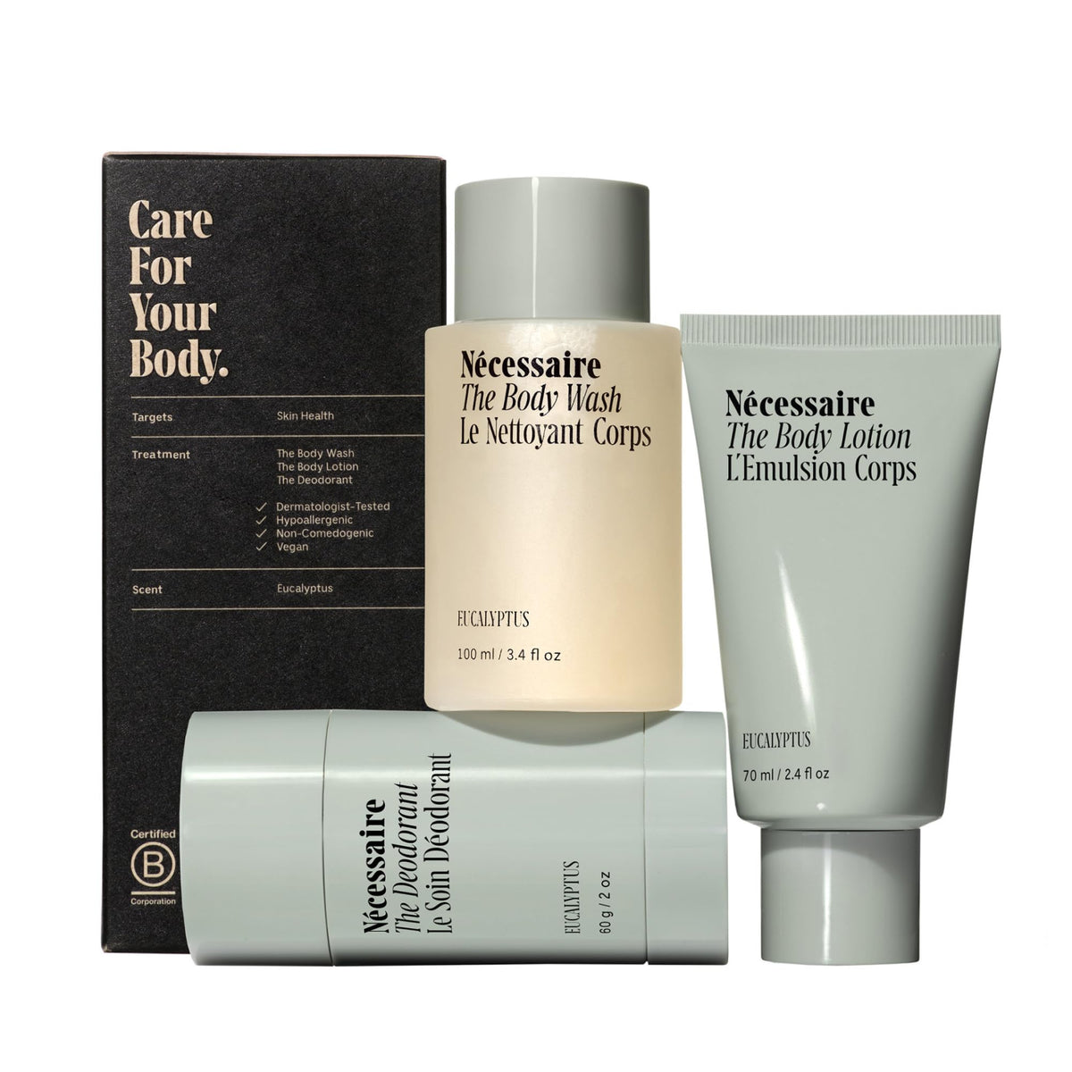 Nécessaire body essentials set in travel-size packaging for convenient on-the-go skincare rituals.