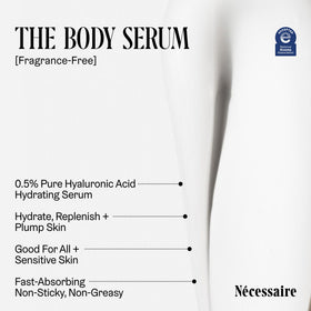 Nécessaire The Body Serum fragrance-free label emphasizes a gentle formula for sensitive skin.