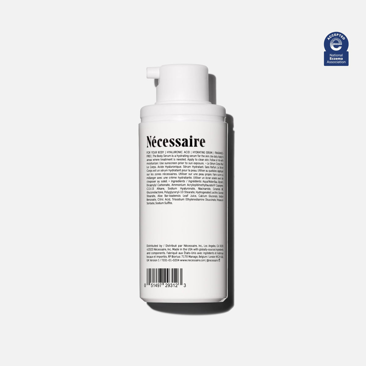 Nécessaire The Body Serum pump action demonstrates fast-absorbing hydration.