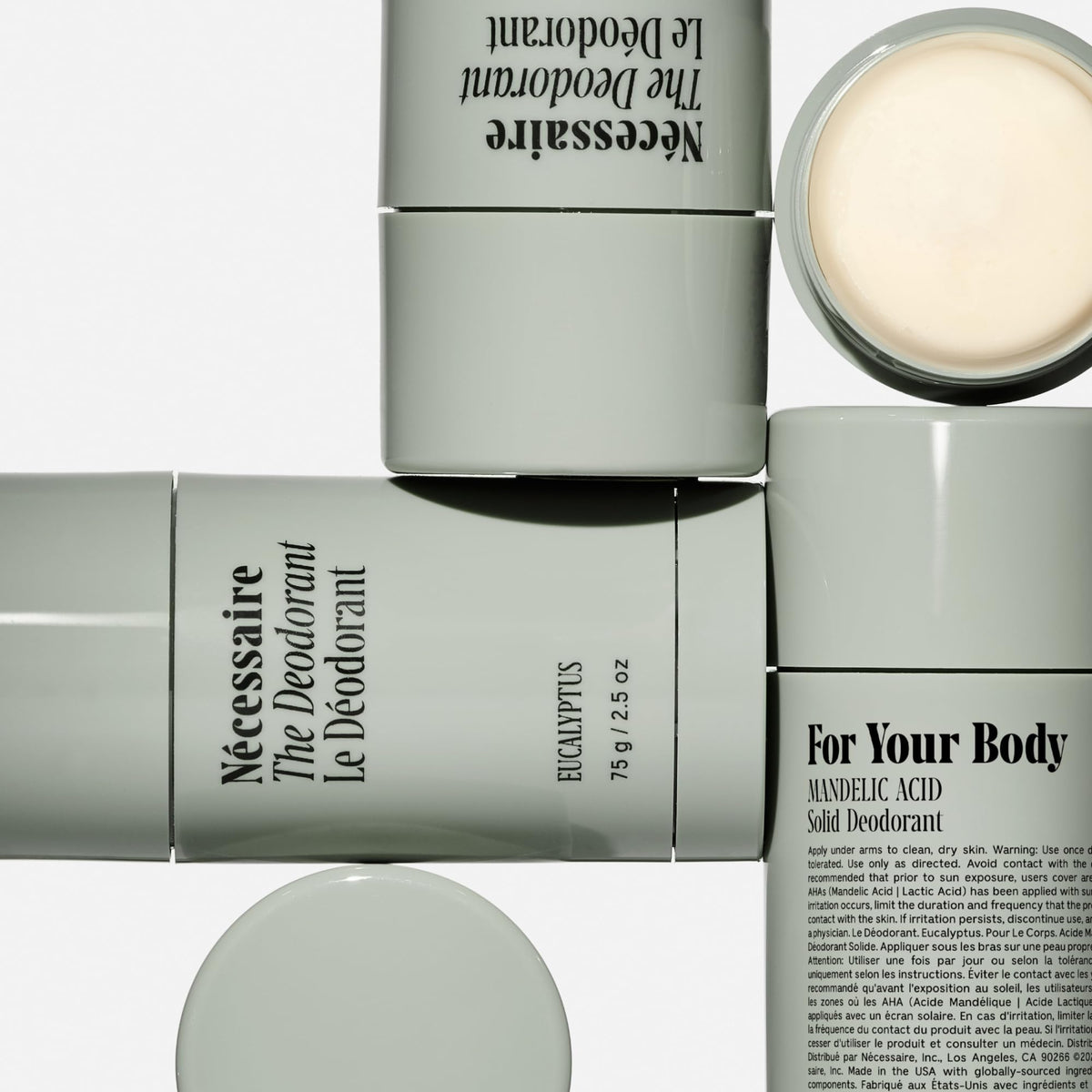Nécessaire Eucalyptus Deodorant Duo close-up highlighting mandelic-acid and formula details.