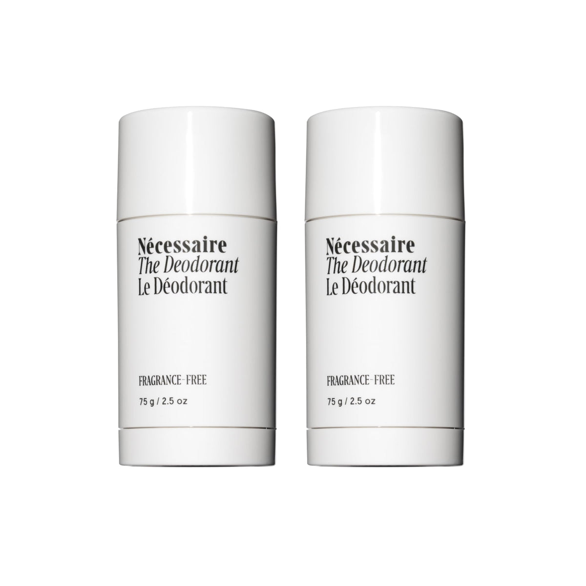 Nécessaire fragrance-free deodorant bottle front with aluminum-free branding.