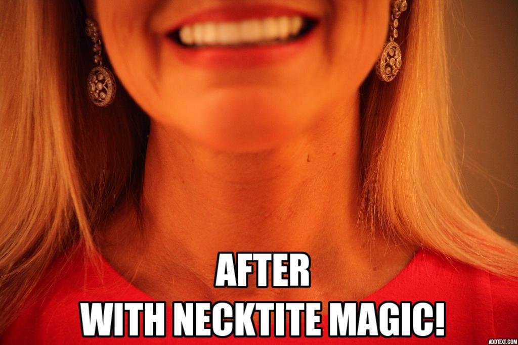 Close-up of NeckTITE Magic clear adhesive strip applied to the neck for smoothing.