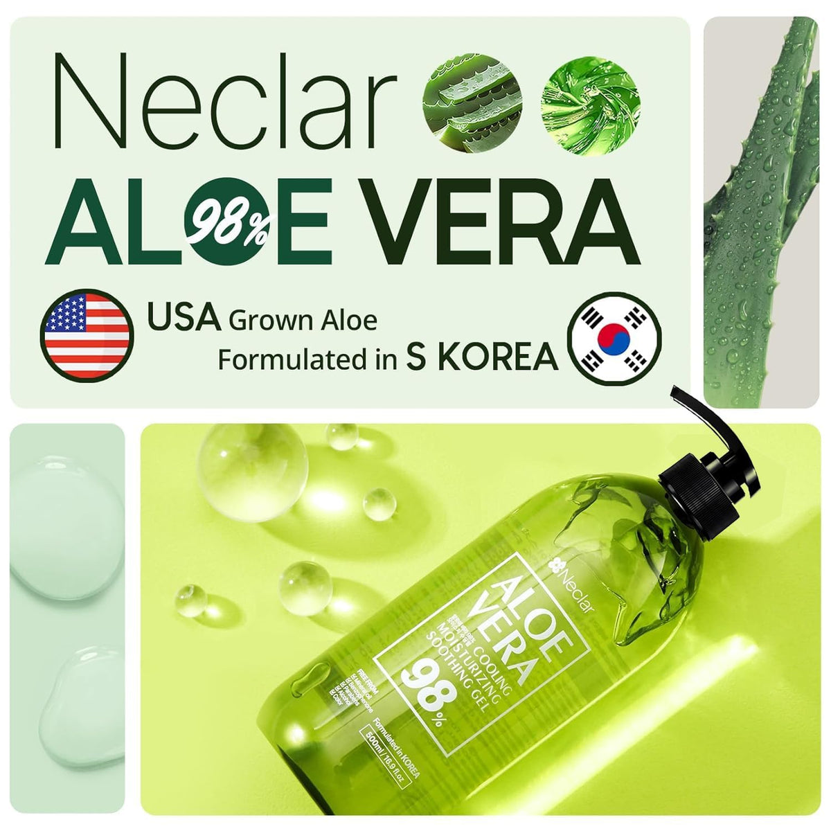 Neclar aloe vera gel bottle angled view showcases non-sticky hydration option.