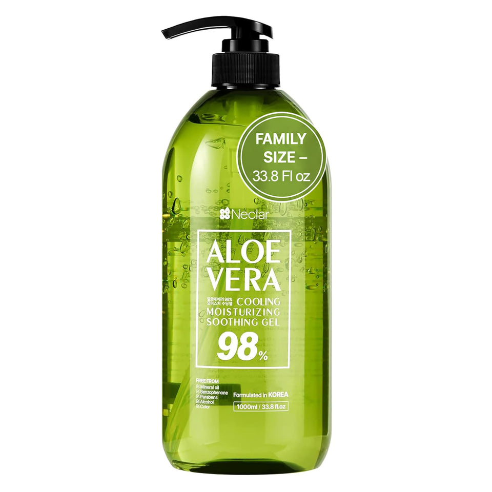 Neclar 98% Pure Aloe Vera Gel jar closeup for soothing sun-exposed skin